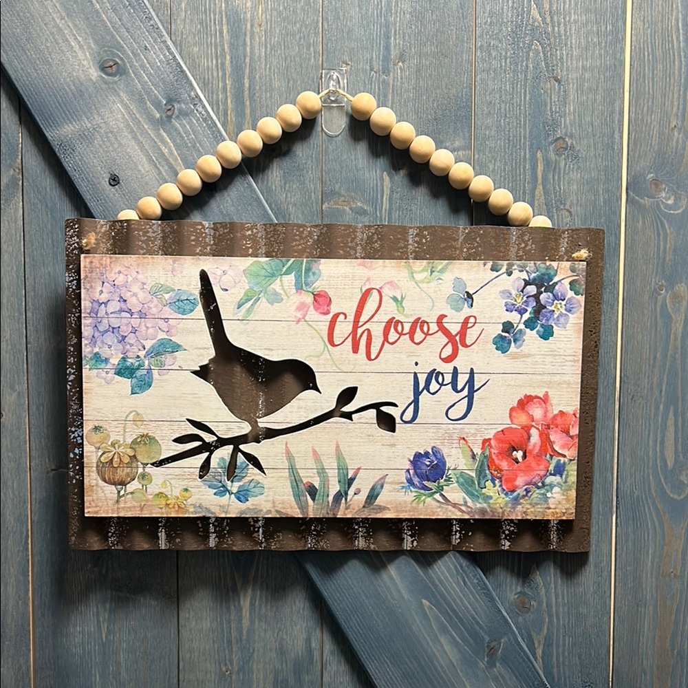 Bird Floral 'Choose Joy' Distressed Metal Wall Art 15.5x10